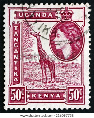 EAST AFRICAN POSTAL UNION - CIRCA 1954: a stamp printed in the East African Postal Union (Kenya, Uganda, Tanganyika) shows Giraffe, Giraffa Camelopardalis, circa 1954