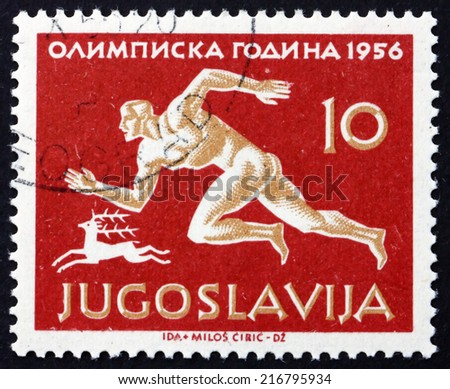 YUGOSLAVIA - CIRCA 1956: a stamp printed in the Yugoslavia shows Runner, 16th Olympic Games, Melbourne, circa 1956