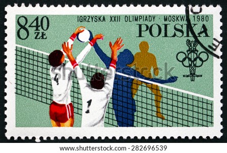 POLAND - CIRCA 1980: a stamp printed in the Poland shows Volleyball, 22nd Summer Olympic Games, Moscow, circa 1980