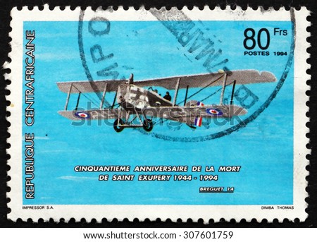CENTRAL AFRICAN REPUBLIC - CIRCA 1994: a stamp printed in Central African Republic shows Antoine de Saint-Exupery Plane, Aviator, Author, circa 1994
