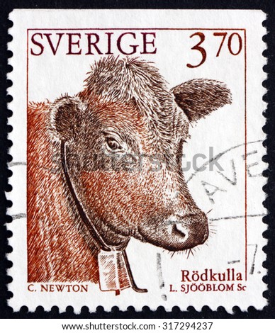 SWEDEN - CIRCA 1995: a stamp printed in the Sweden shows Red Polled Cattle, Domestic Animal, circa 1995