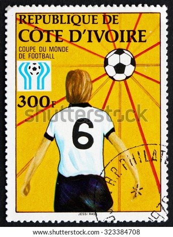 IVORY COAST - CIRCA 1978: a stamp printed in Ivory Coast shows Ball as Sun, and Soccer Player, Argentina 78 Emblem, circa 1978