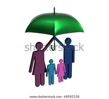 Protection of family under big umbrella isolated on white render