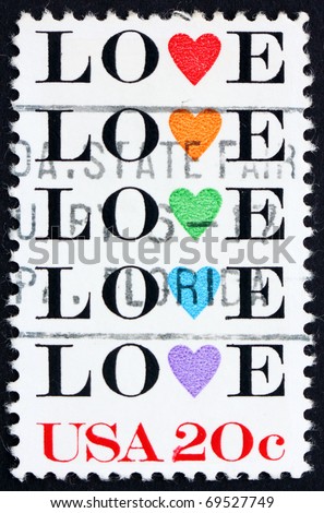 USA - CIRCA 1984: a stamp printed in the United States of America shows word love with stylized hearts, circa 1984
