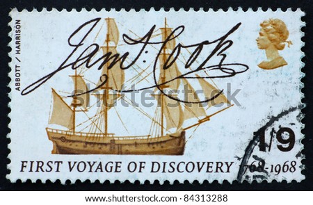 GREAT BRITAIN - CIRCA 1968: a stamp printed in the Great Britain shows Captain Cook?s ship Endeavour and signature, bicentennial of Captain Cooks first discovery voyage, circa 1968