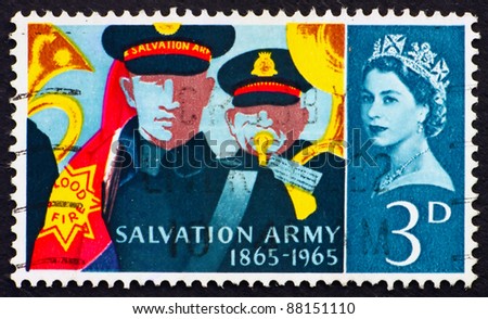 GREAT BRITAIN - CIRCA 1965: a stamp printed in the Great Britain shows Salvation Army Band and ?Blood and Fire? Flag, Centenary of the Salvation Army, circa 1965