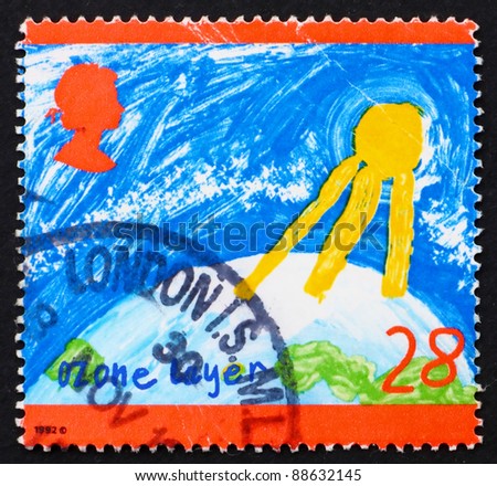 GREAT BRITAIN - CIRCA 1992: A stamp printed in the Great Britain shows Children's drawing Ozone Layer, Protect the Environment, circa 1992