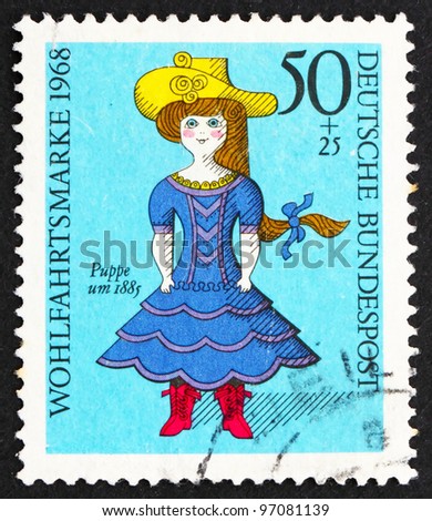 GERMANY - CIRCA 1968: A stamp printed in the Germany shows Doll from 19th Century, from Altona Museum, Nuremberg, circa 1968