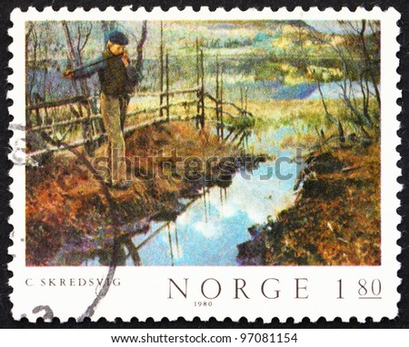 NORWAY - CIRCA 1980: A stamp printed in the Norway shows Self-portrait, painting by Christian Skredsvig, circa 1980