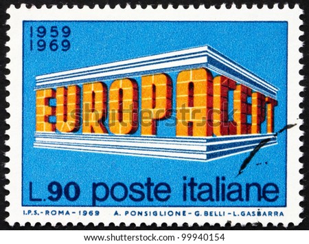 ITALY - CIRCA 1969: a stamp printed in the Italy shows Europe CEPT 1969, Architectural Type Colonnade, circa 1969