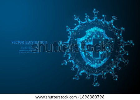 Shield and infection. Protection against the virus, the fight against coronavirus COVID-19. Vaccines, antibiotics, medicine, medical innovative technology. 3d low poly isolated vector illustration.