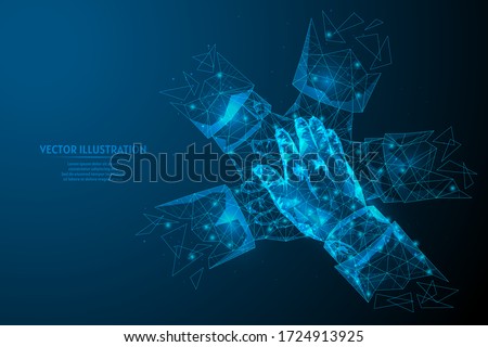 Close-up view on young business people putting hands together. The concept of teamwork, unity, support. Innovative medicine and technology. 3d low poly wireframe model isolated vector illustration.