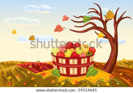 Beautiful autumn landscape with rich apple harvest under a bare, lone tree. Vector illustration saved as EPS AI8, all elements layered and grouped.