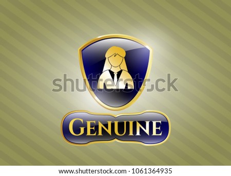  Golden emblem or badge with businesswoman icon and Genuine text inside