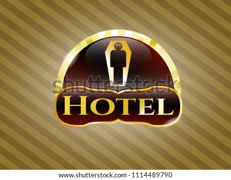  Gold badge with dead man in his coffin icon and Hotel text inside