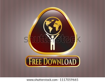  Golden emblem with man lifting world icon and Free Download text inside