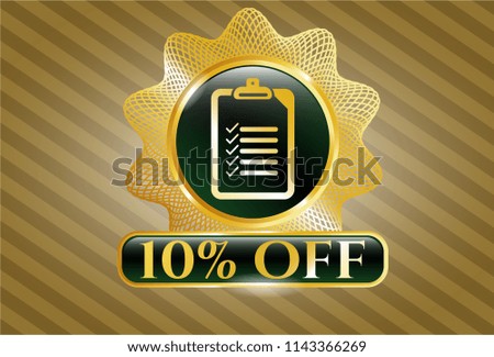  Gold emblem or badge with list icon and 10% Off text inside