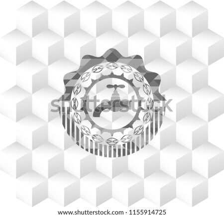 tap icon inside grey emblem. Vintage with geometric cube white background