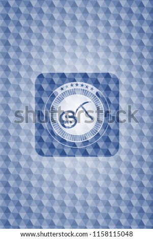 cryptocurrency mining icon inside blue emblem with geometric background.