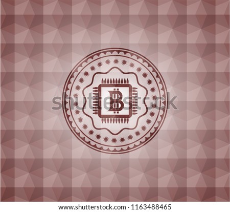 bitcoin chip (cryptocurrency mining concept) icon inside red emblem or badge with abstract geometric polygonal pattern background. Seamless.