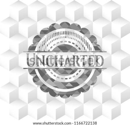 Uncharted grey emblem. Vintage with geometric cube white background