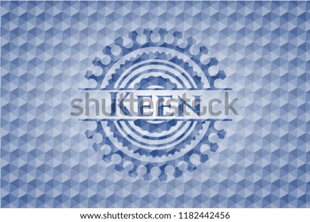 Keen blue badge with geometric pattern background.