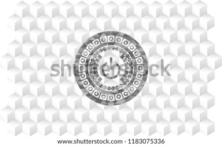 power icon inside grey icon or emblem with geometric cube white background