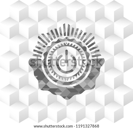 power icon inside realistic grey emblem with geometric cube white background
