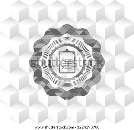 list icon inside grey badge with geometric cube white background