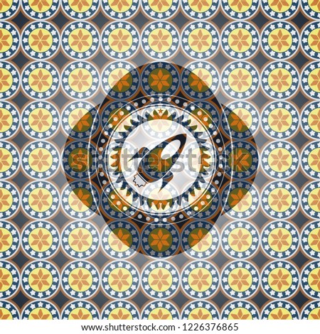 rocket icon inside arabic emblem background. Arabesque decoration.