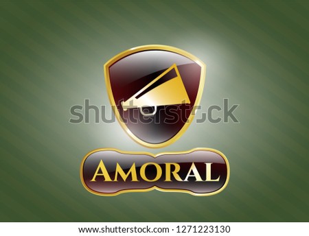  Golden badge with megaphone icon and Amoral text inside