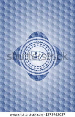 bitcoin mining icon inside blue emblem or badge with geometric pattern background.