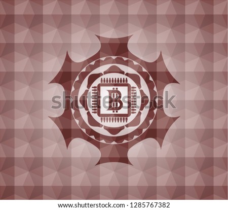 bitcoin chip (cryptocurrency mining concept) icon inside red geometric badge. Seamless.