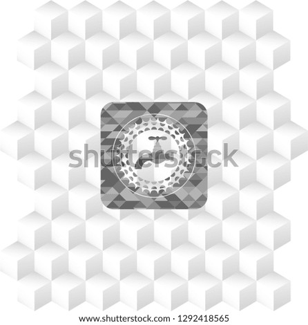 tap icon inside realistic grey emblem with geometric cube white background