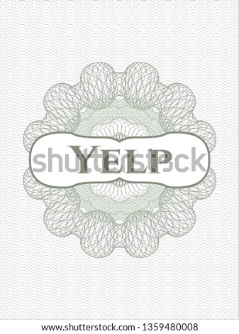 Green passport style rosette with text Yelp inside