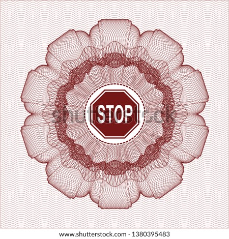 Red passport money style rosette with stop icon inside