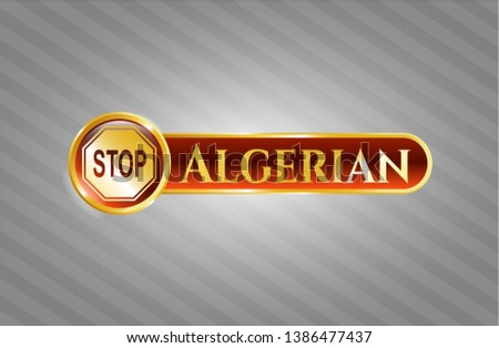  Golden emblem or badge with stop icon and Algerian text inside