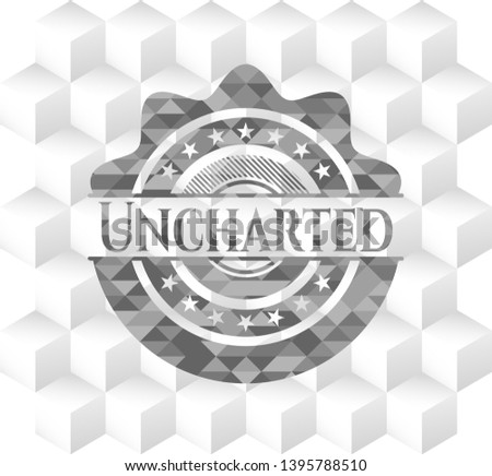 Uncharted retro style grey emblem with geometric cube white background