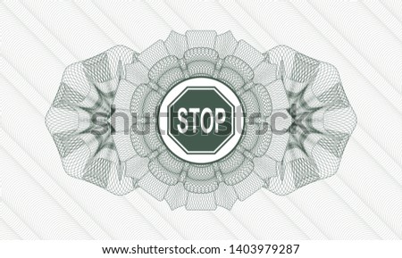 Green rosette (money style emblem) with stop icon inside