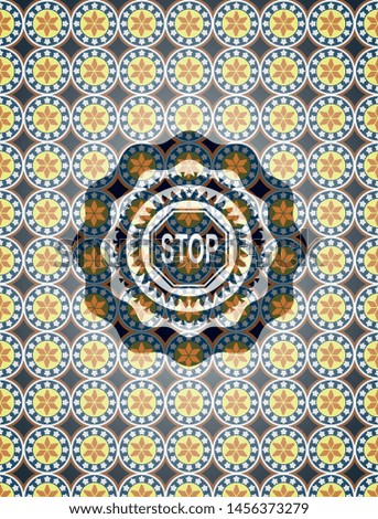 stop icon inside arabic style badge. Arabesque decoration.