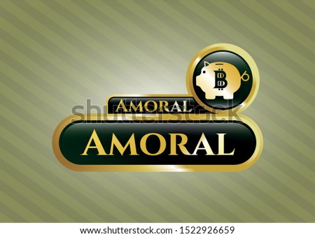  Gold emblem or badge with bitcoin piggy bank icon and Amoral text inside