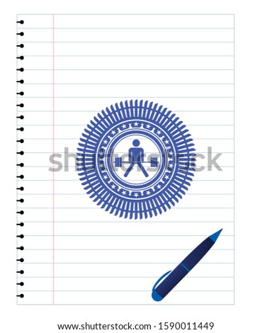 sumo deadlift icon emblem draw with pen effect. Blue ink. Vector Illustration. Detailed.