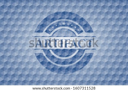 Artifact blue emblem or badge with abstract geometric polygonal pattern background. Vector Illustration. Detailed.