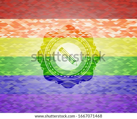 pencil icon on mosaic background with the colors of the LGBT flag