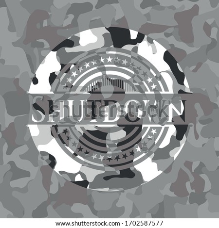Shutdown grey camo emblem. Vector Illustration. 