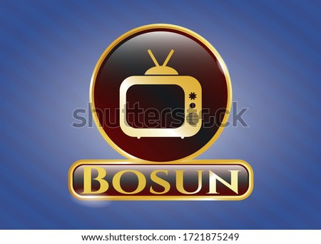 Golden badge or emblem with old tv, television icon and Bosun text inside