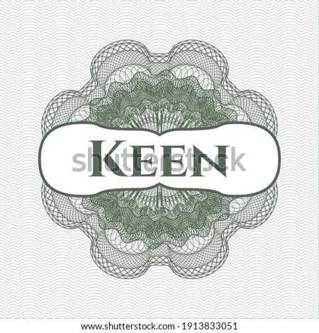 Green rosette. Linear Illustration with text Keen inside