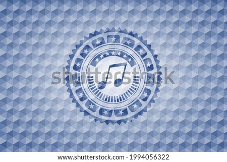 musical note icon inside blue polygonal emblem. 