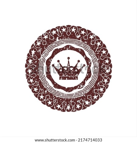 Red queen crown icon inside distressed rubber grunge texture seal. 