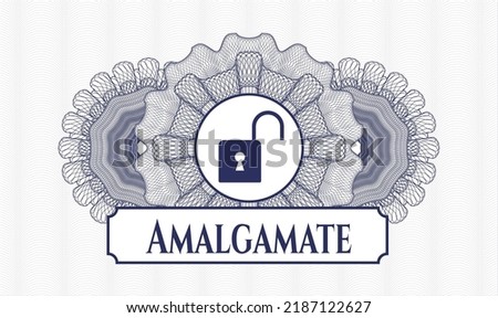 Blue passport rosette. Vector Illustration. Detailed with open lock icon and Amalgamate text inside